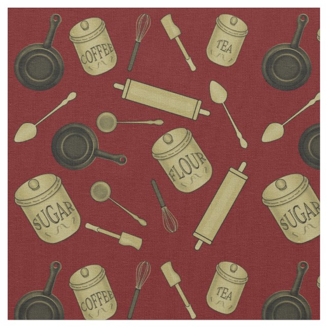 Kitchen Utensits Muster - Sepia auf Dunkelrot Stoff (Nahaufnahme)
