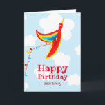 Kite Bird Fun Niedlich Happy Birthday Kids Karte<br><div class="desc">Spaß Kinder personalisierte Geburtstagskarte mit einer farbenprächtigen surrealen Abbildung eines roten Vogels verschmolzen mit einem Drachen,  einem der beliebtesten Kinderspielzeuge. Diese imaginäre Kreatur fliegt in einem klaren,  blauen Himmel mit weißen Wolken. Am Ende dieser niedlichen Karte befindet sich ein anpassbarer Text "Happy Birthday" und ein benutzerdefinierbarer Name.</div>