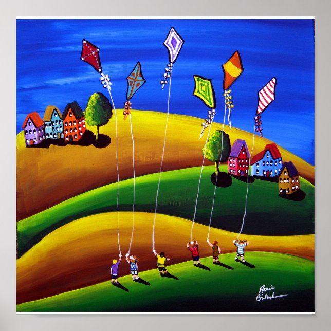 Kite Flyer Folk Art Whimsical Canvas Print Poster (Vorne)