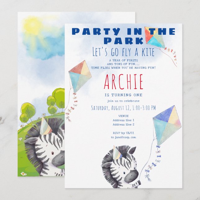 Kite Zebra jedes Alters Kleinkind Picnic Geburtsta Einladung (Vorne/Hinten)