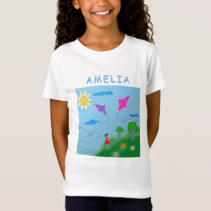 Kites Grass Flower Girl Sun Zeichnend T-Shirt