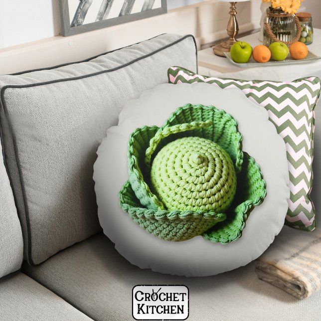 Kitsch Modern Green Granny Garden Crochet Cabbage Rundes Kissen (Von Creator hochgeladen)