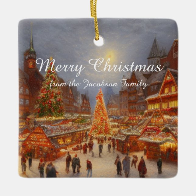 Kitsch Nostalgic German Christmas Market Greetings Keramikornament (Vorderseite)