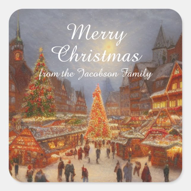 Kitsch Nostalgic German Christmas Market Greetings Quadratischer Aufkleber (Vorderseite)