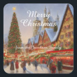 Kitsch Nostalgic German Christmas Market Greetings Quadratischer Aufkleber<br><div class="desc">Frohe Weihnachten! Ein nostalgisches kitschiges Design,  das viele Dorfbewohner in einem schneebedeckten Dorf mit einem Weihnachtsmarkt im deutschen Stil begeistert. Fühlen Sie sich frei,  um die Hauptgrüße,  und (natürlich) Ihren eigenen Familiennamen anpassen.</div>