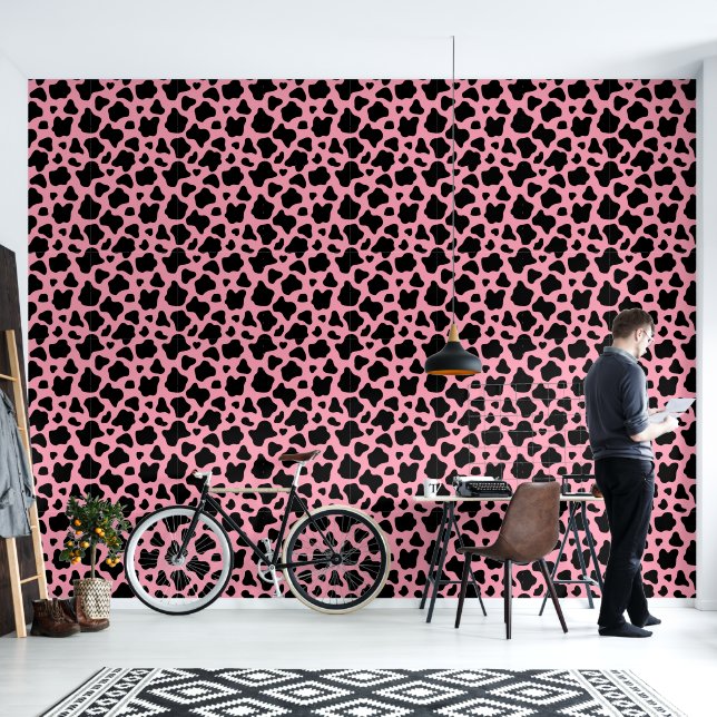 Kitschy Black Pink Cow Print Tapete (Wohnbereich)