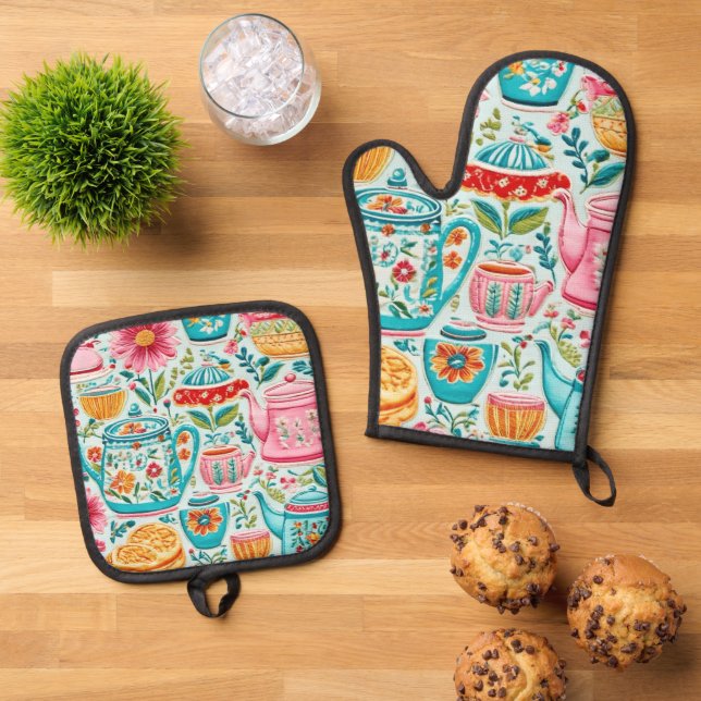 Kitschy Kitchen Design Ofenhandschuh & Topflappen-Set (Oben Unten)
