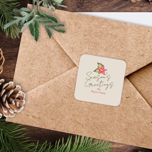 Kitschy Vintag Poinsettia Red Green Christmas Quadratischer Aufkleber (Von Creator hochgeladen)