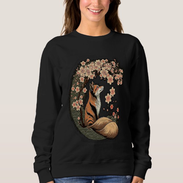 Kitsune Fox Japanese Nine Tailed Fox Cherry Blosso Sweatshirt (Vorderseite)