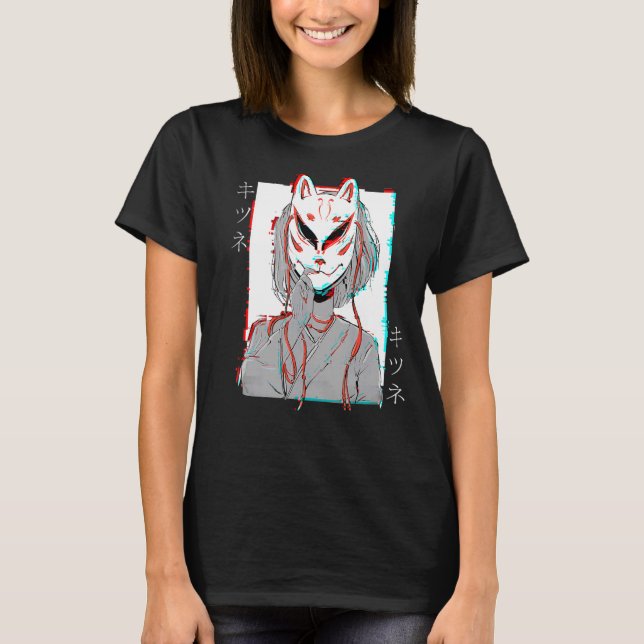 Kitsune Fox Maske Vaporwave Glitch Japan Style T-Shirt (Vorderseite)