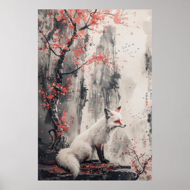 Kitsune-Geist – Japanischer Fuchs im blühenden Wal Poster (Vorne)