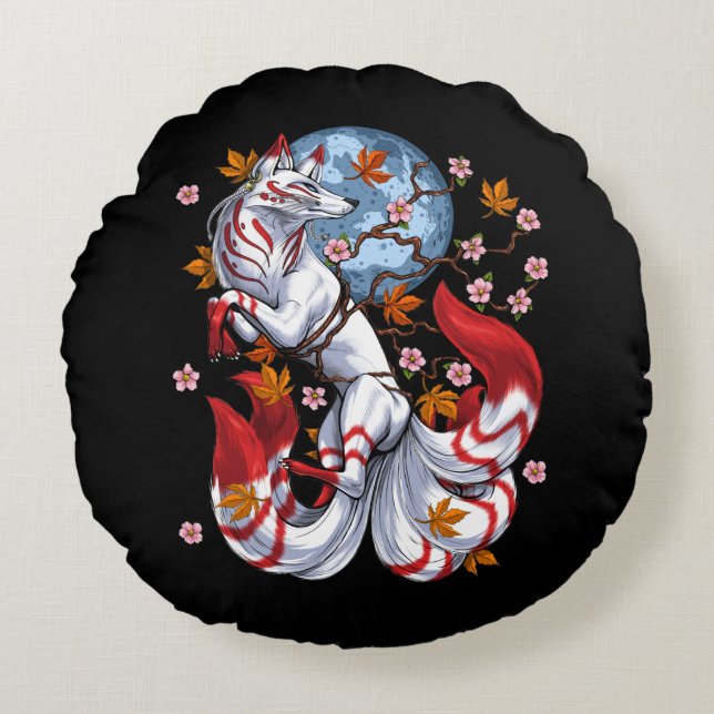 Kitsune Japanese Fox Rundes Kissen (Vorderseite)