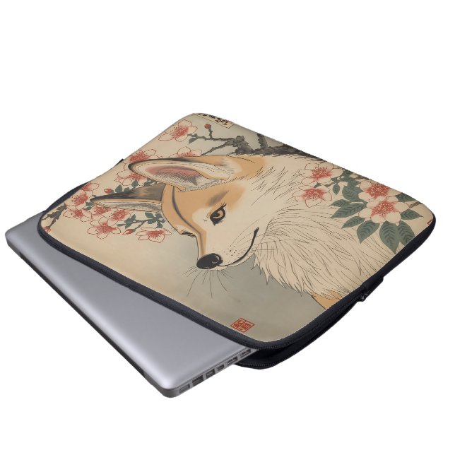 Kitsune & Kirschblüte Laptopschutzhülle (Vorne Knopf)