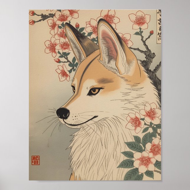 Kitsune & Kirschblüte Poster (Vorne)