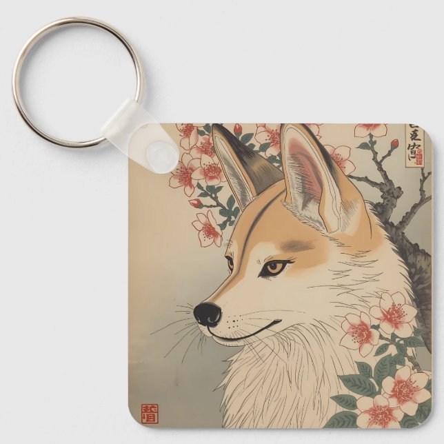 Kitsune & Kirschblüte Schlüsselanhänger (Vorderseite)