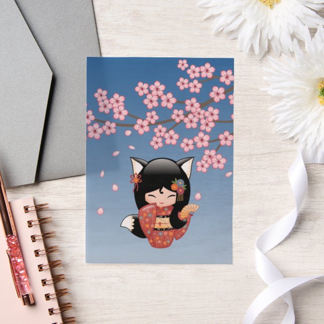 Kitsune Kokeshi Doll Black Fox Geisha Blue Insert (Hochzeit)