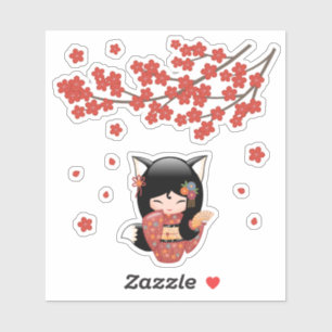 Kitsune Kokeshi Doll - Black Fox Geisha Girl Aufkleber