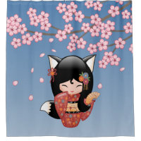 Kitsune Kokeshi Doll Black Fox Geisha Girl Blue