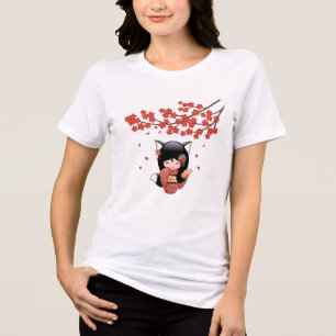 Kitsune Kokeshi Doll Black Fox Geisha Girl Blue Tri-Blend Shirt