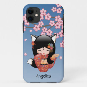 Kitsune Kokeshi Doll - Black Fox Geisha Girl iPhone 11 Hülle