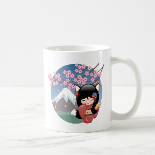 Kitsune Kokeshi Doll - Black Fox Geisha Girl Coffe Kaffeetasse