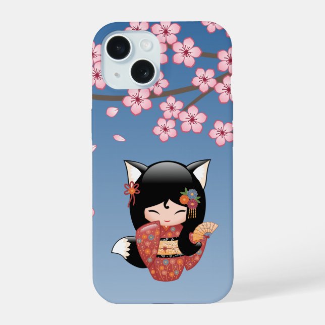 Kitsune Kokeshi Doll - Black Fox Geisha Girl iPhone 15 Hülle (Rückseite)