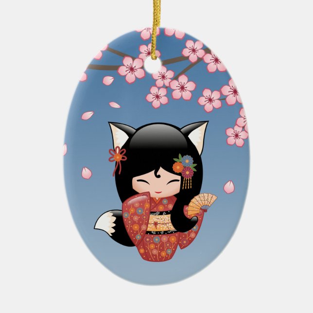 Kitsune Kokeshi Doll - Black Fox Geisha Girl Keramik Ornament (Vorne)