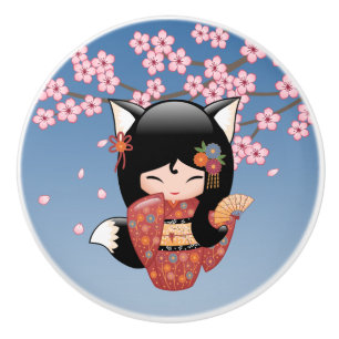 Kitsune Kokeshi Doll - Black Fox Geisha Girl Keramikknauf