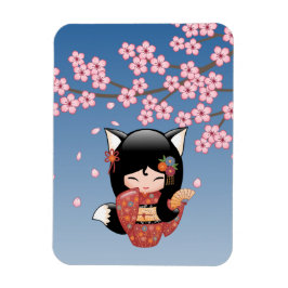 Kitsune Kokeshi Doll - Black Fox Geisha Girl Magnet