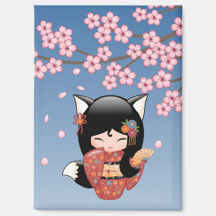 Kitsune Kokeshi Doll - Black Fox Geisha Girl Magnet