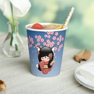 Kitsune Kokeshi Doll - Black Fox Geisha Girl Pappbecher