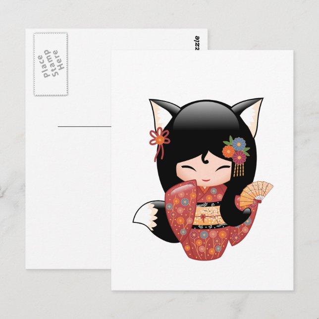 Kitsune Kokeshi Doll - Black Fox Geisha Girl Postkarte (Vorne/Hinten)