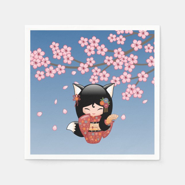 Kitsune Kokeshi Doll - Black Fox Geisha Girl Serviette (Vorderseite)