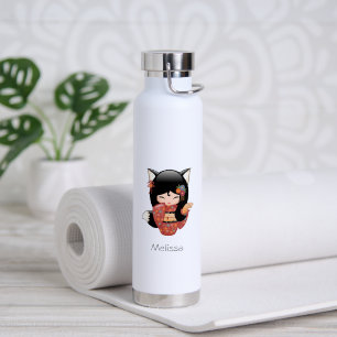 Kitsune Kokeshi Doll - Black Fox Geisha Girl Trinkflasche