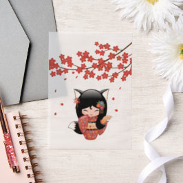 Kitsune Kokeshi Doll Black Fox Geisha Red Insert