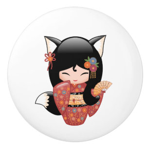 Kitsune Kokeshi Doll - Black Fox Girl Keramikknauf