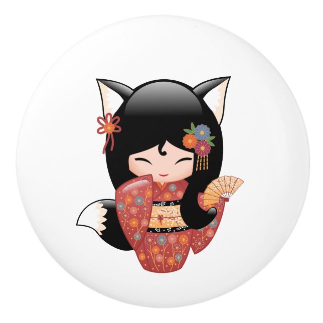 Kitsune Kokeshi Doll - Black Fox Girl Keramikknauf (Vorderseite)