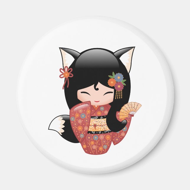 Kitsune Kokeshi Doll - Black Fox Girl Magnet (Vorne)