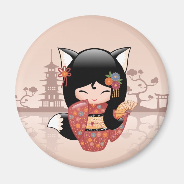 Kitsune Kokeshi Doll - Niedlich Black Fox Girl Magnet (Vorne)