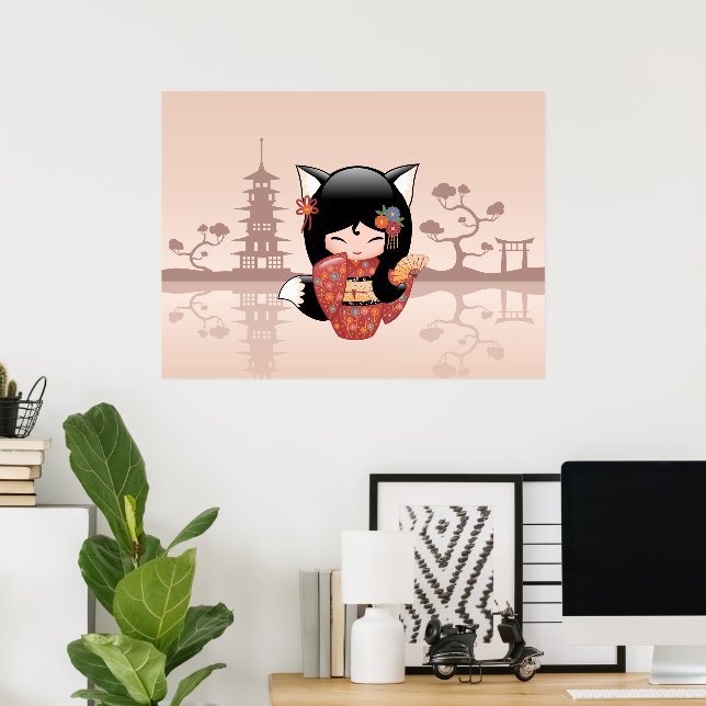 Kitsune Kokeshi Doll - Niedlich Black Fox Girl Poster (Heimbüro)