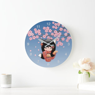 Kitsune Kokeshi Puppe - Schwarzes Fuchs-Geisha-Mäd Große Wanduhr