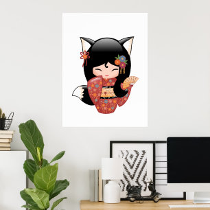Kitsune Kokeshi Puppe - Schwarzes Fuchs-Geisha-Mäd Poster