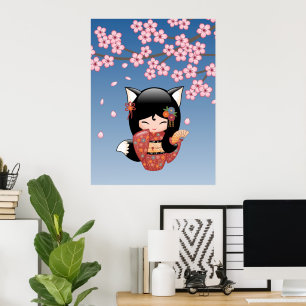 Kitsune Kokeshi Puppe - Schwarzes Fuchs-Geisha-Mäd Poster