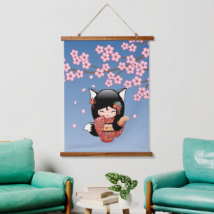 Kitsune Kokeshi Puppe - Schwarzes Fuchs-Geisha-Mäd Wandteppich Mit Holzrahmen