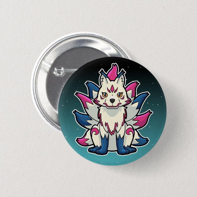 Kitsune Nine-Tails Fox: Japanisch Yokai Button (Vorne & Hinten)