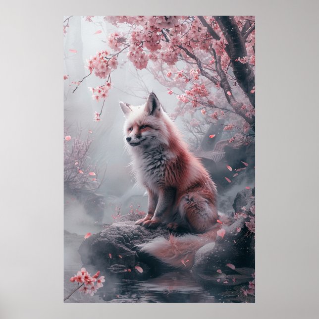Kitsune Spirit – Japanese Fox in Blossom Forest Poster (Vorne)