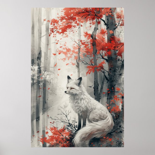 Kitsune Spirit – Japanese Fox in Blossom Forest Poster (Vorne)