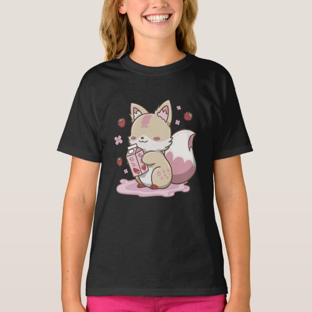 Kitsune Strawberry Milk - Niedlich Fox Yokai Ästhe T-Shirt (Vorderseite)