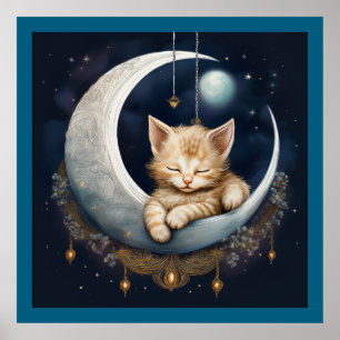 Kitten Asleep auf dem Crescent Moon Objekt Poster