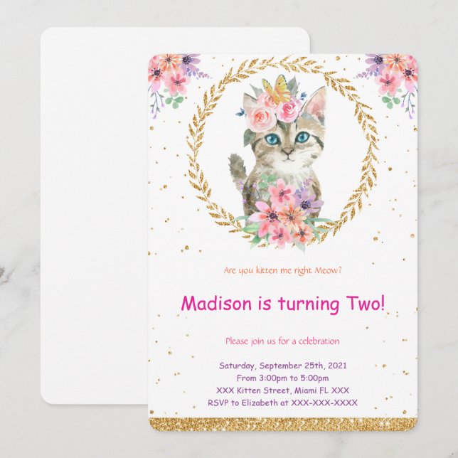 Kitten Birthday Einladung (Vorne/Hinten)